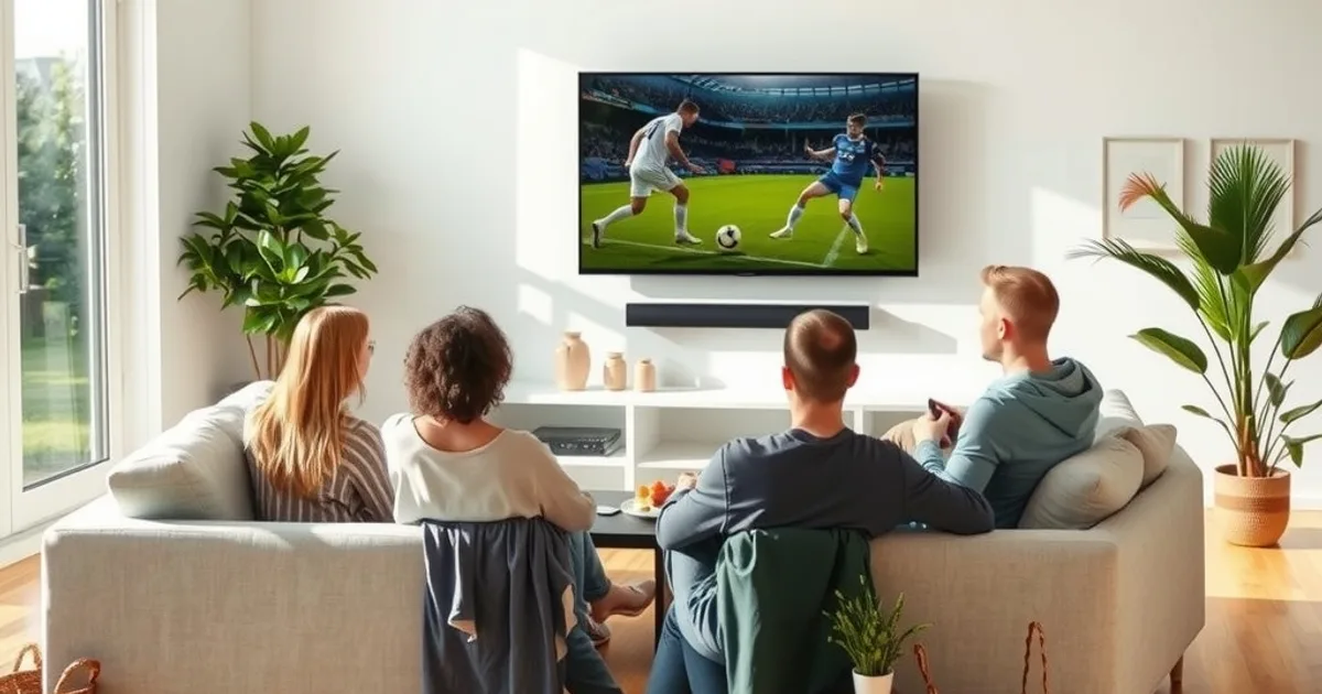 Freunde sitzen an einem hellen Samstagnachmittag gemeinsam auf dem Sofa und schauen ein Fußballspiel auf einem großen Smart-TV.