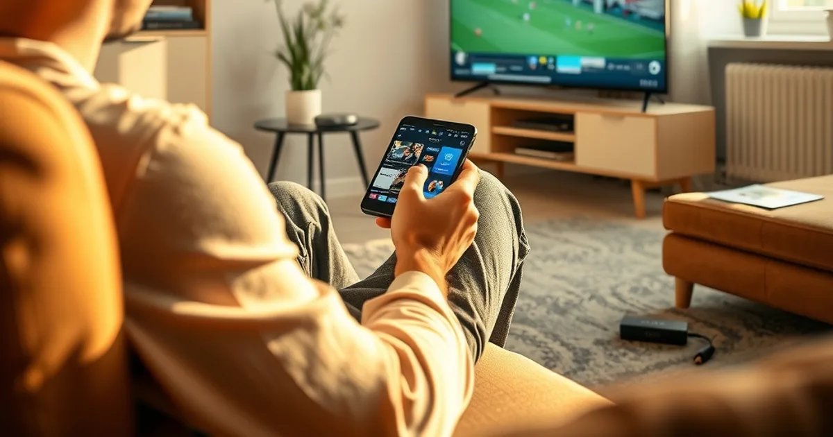 Person vergleicht zwei IPTV-Apps auf dem Smartphone, während im Hintergrund ein Fußballspiel auf dem Fernseher läuft