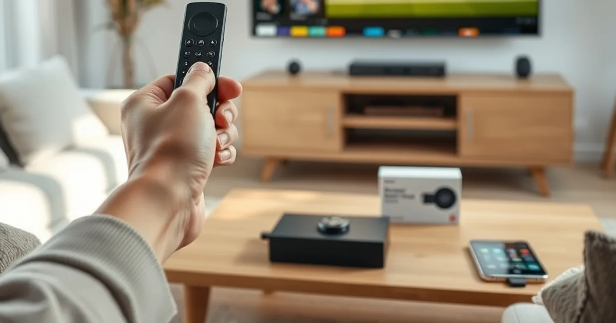 Eine Person richtet eine Fernbedienung auf einen Fernseher mit App-Auswahlbildschirm in einem hellen Wohnzimmer ein, ein Streaming-Stick liegt griffbereit auf dem TV-Board.