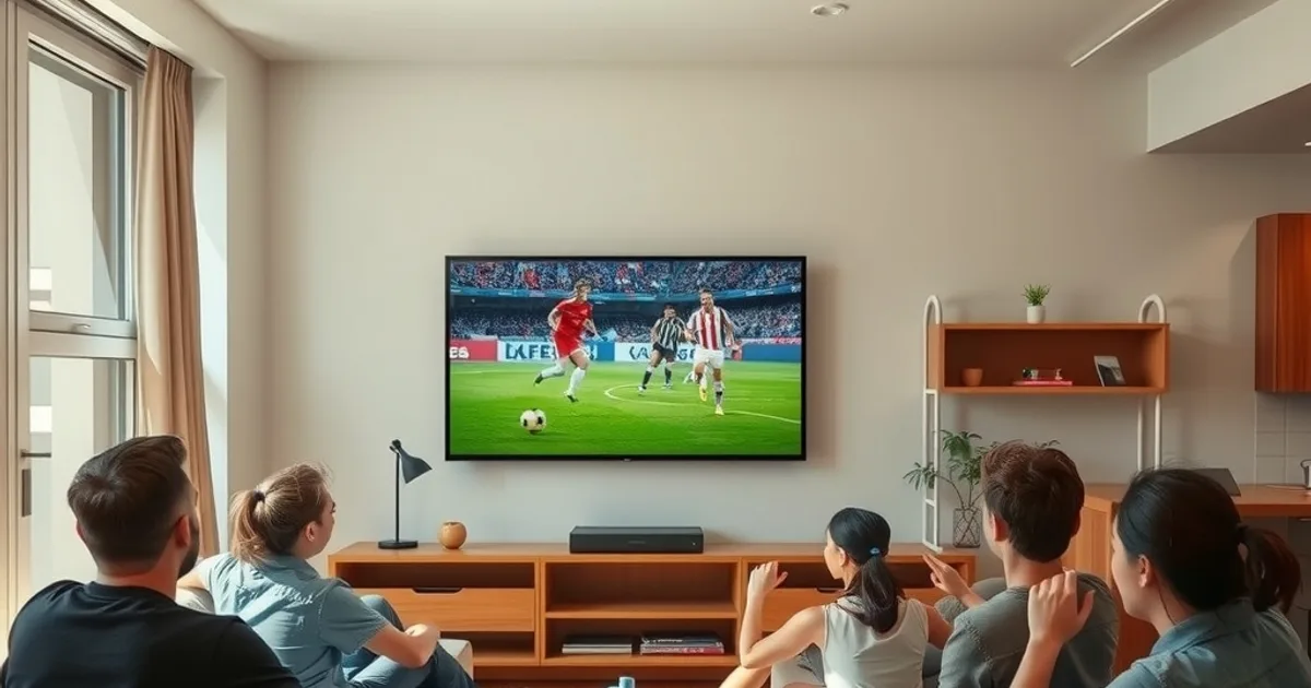 Freunde schauen gemeinsam bei Tageslicht ein Bundesliga-Spiel auf einem großen Fernseher im Wohnzimmer