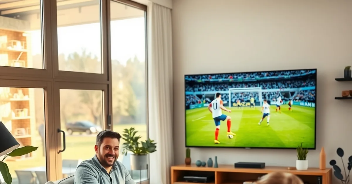 Familie schaut gemeinsam in einem hellen Wohnzimmer am Nachmittag ein Fußballspiel auf einem großen Fernseher