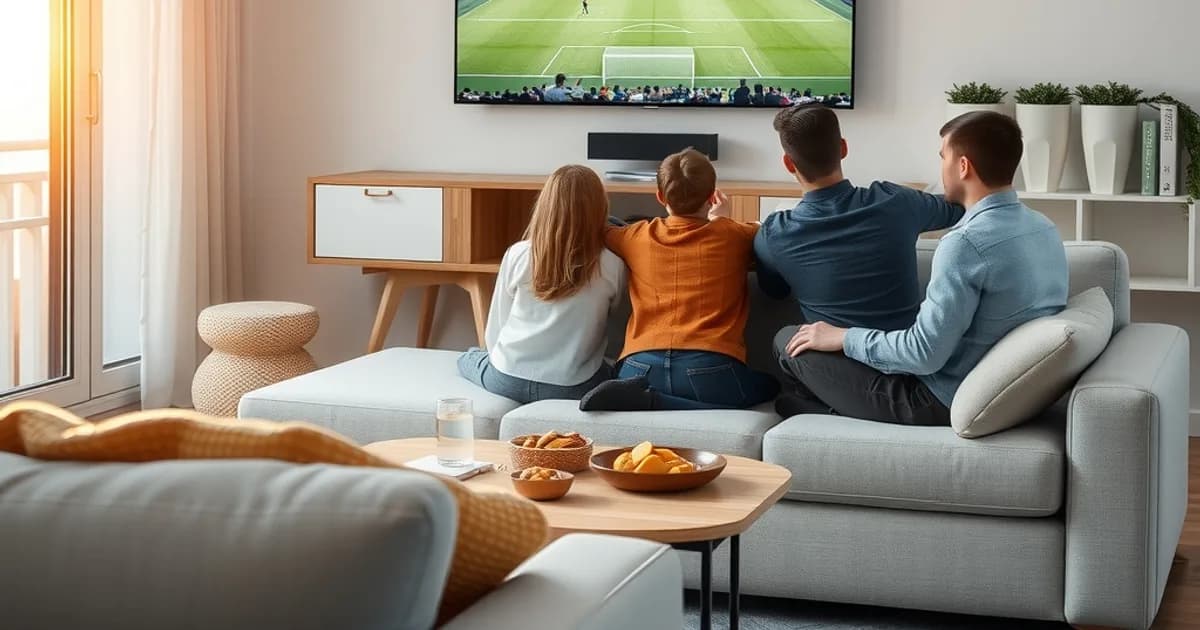 Familie sitzt gemeinsam auf dem Sofa im hellen Wohnzimmer und schaut ein Bundesliga-Spiel im Fernsehen