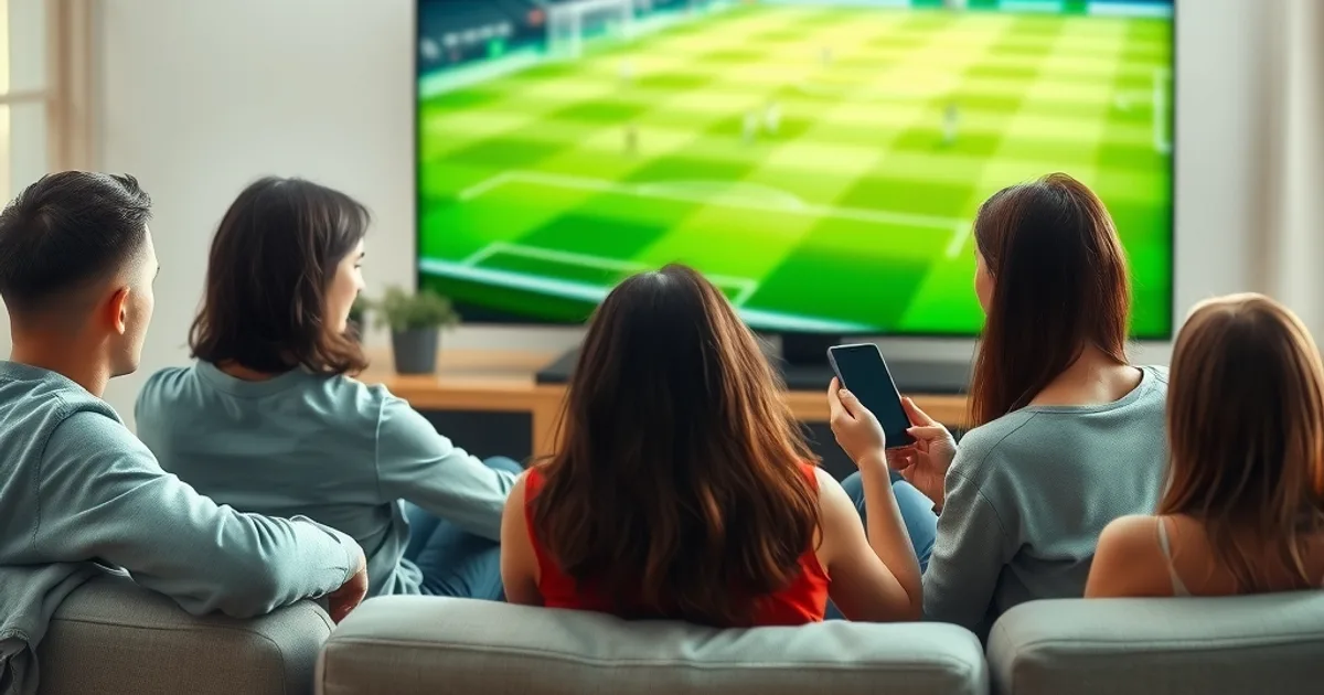Freunde schauen bei Tageslicht gemeinsam auf dem Sofa ein Fußballspiel im Fernsehen