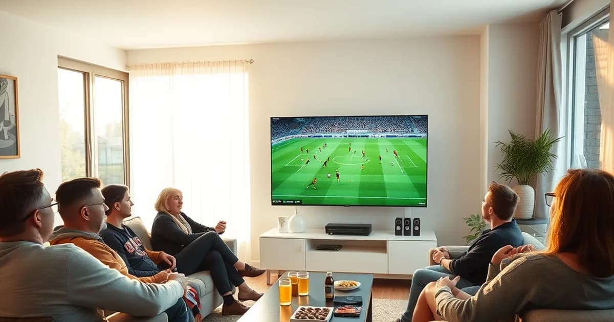 Freunde sitzen entspannt im hellen Wohnzimmer zusammen und schauen ein Fußballspiel im Fernsehen