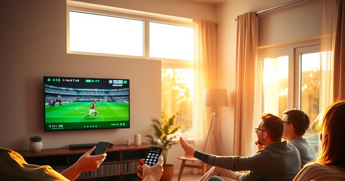 Freunde schauen bei natürlichem Tageslicht gemeinsam ein Fußballspiel im Wohnzimmer, einer hält eine Streaming-Fernbedienung