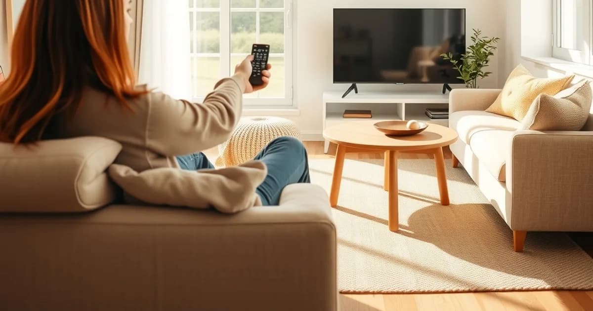 Person entspannt auf dem Sofa in einem hellen Wohnzimmer bei Tageslicht und bedient den Fernseher mit der Fernbedienung