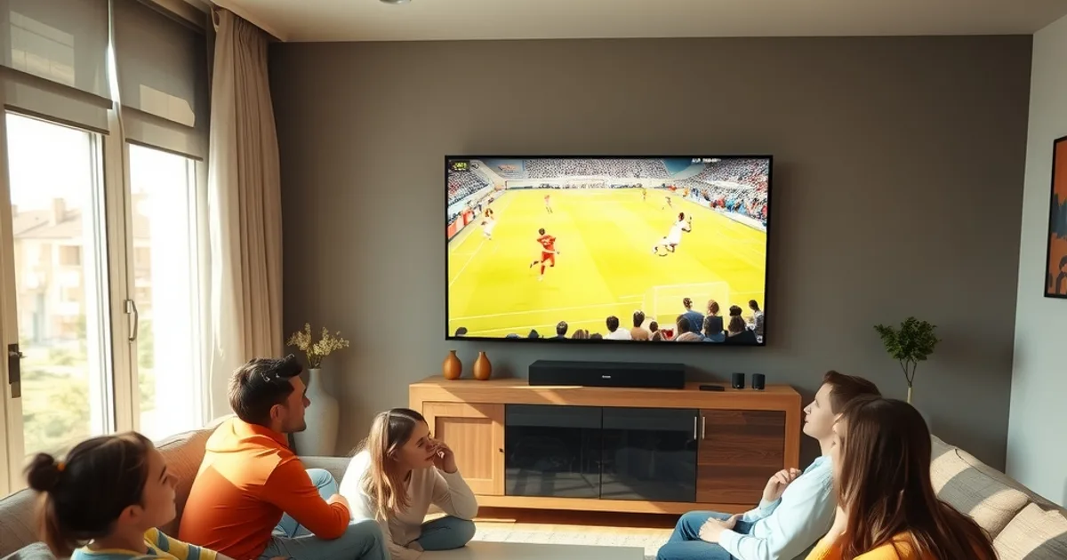Freunde schauen gemeinsam auf dem Sofa ein Fußballspiel im hellen, sonnendurchfluteten Wohnzimmer