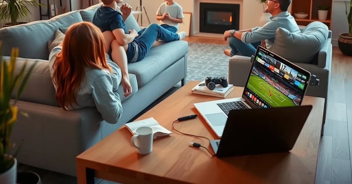 Familie sitzt entspannt im hellen Wohnzimmer und schaut ein Fußballspiel über einen Smart-TV via IPTV