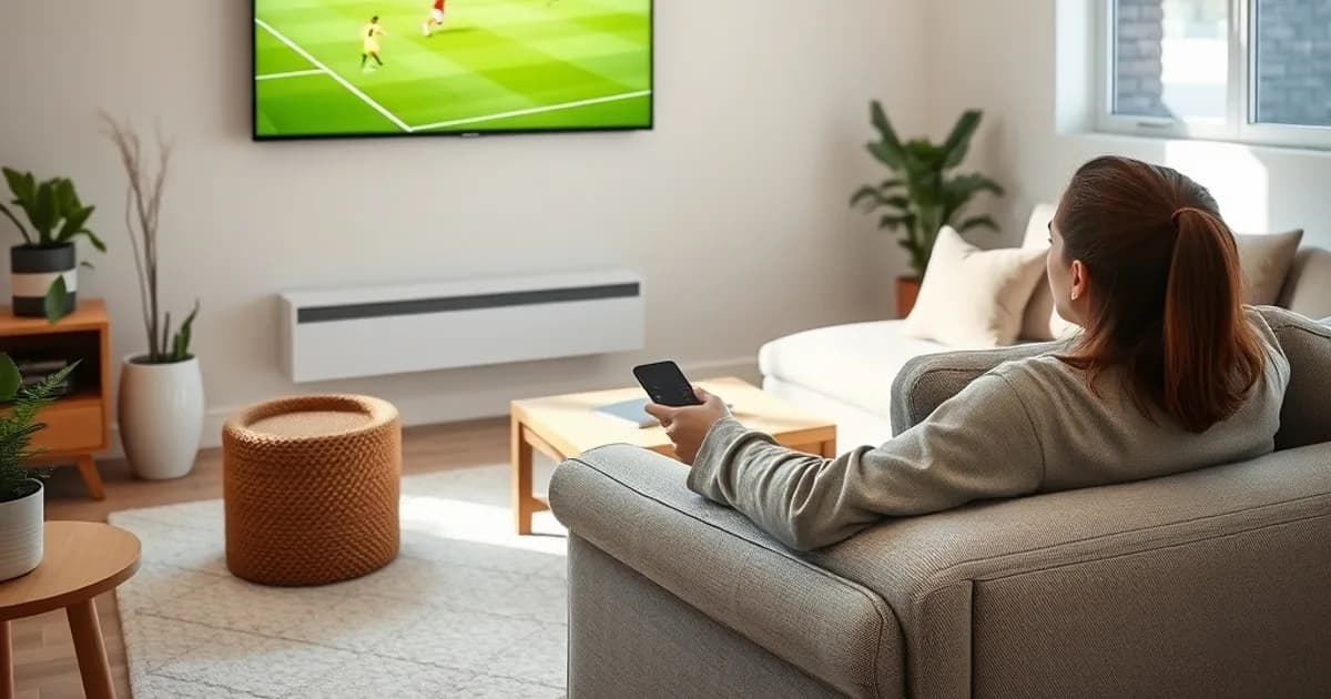 Person sitzt entspannt im hellen Wohnzimmer und schaut Fußball über einen legalen Streaming-Dienst auf dem Fernseher
