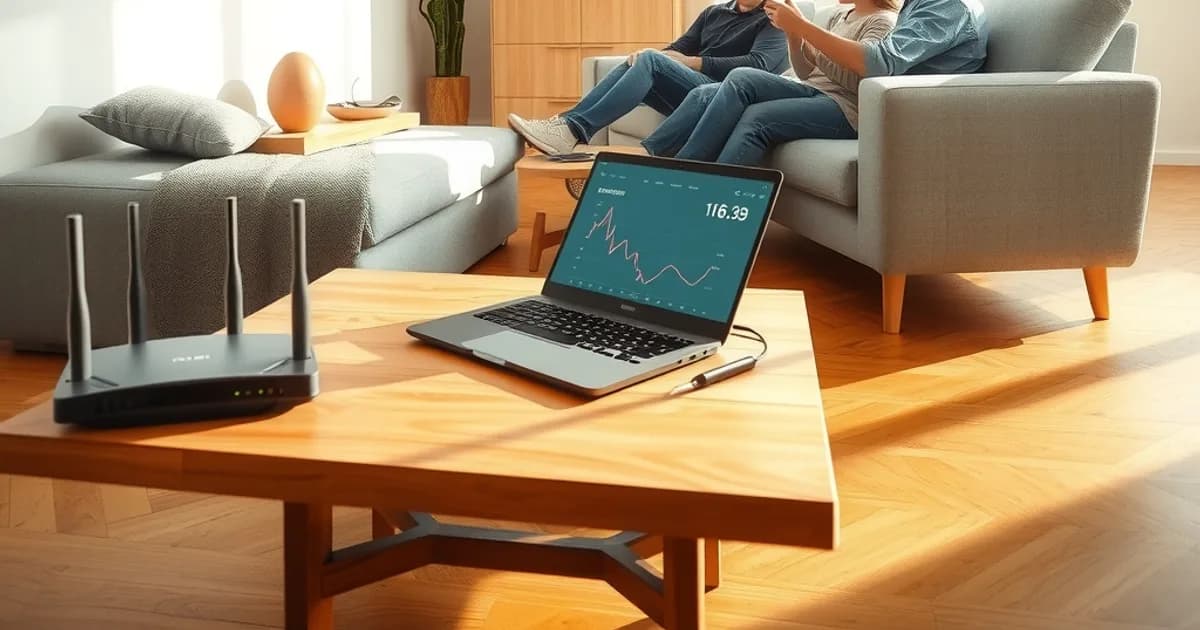 Familie schaut abends im hellen Wohnzimmer Fußball auf einem IPTV-Stream, Router und Laptop mit Geschwindigkeitsmessung im Vordergrund