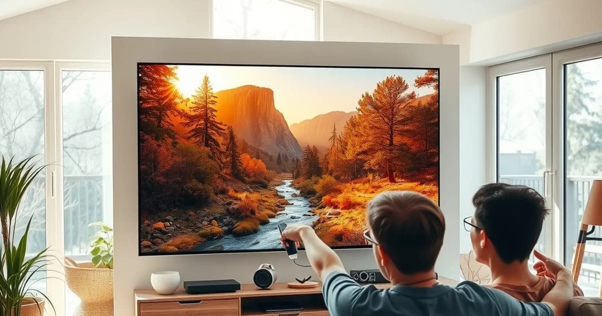 Person sitzt in einem hellen, sonnigen Wohnzimmer und betrachtet aufmerksam ein scharfes, detailreiches Bild auf einem großen Fernseher