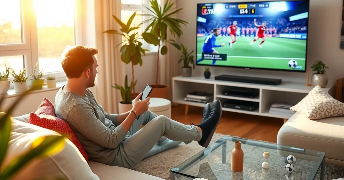 Person sitzt entspannt im sonnendurchfluteten Wohnzimmer und vergleicht mit Tablet und Fernbedienung verschiedene IPTV-Optionen vor dem Fernseher.