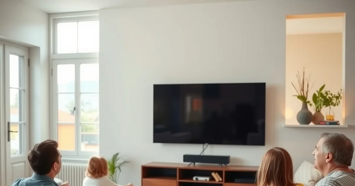 Familie schaut entspannt fern auf einem modernen Smart TV in einem hellen, sonnigen Wohnzimmer