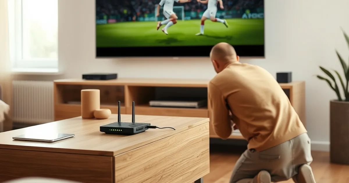 Person konfiguriert einen Heimrouter im hellen Wohnzimmer, im Hintergrund ein Fernseher mit pausiertem Fußballspiel