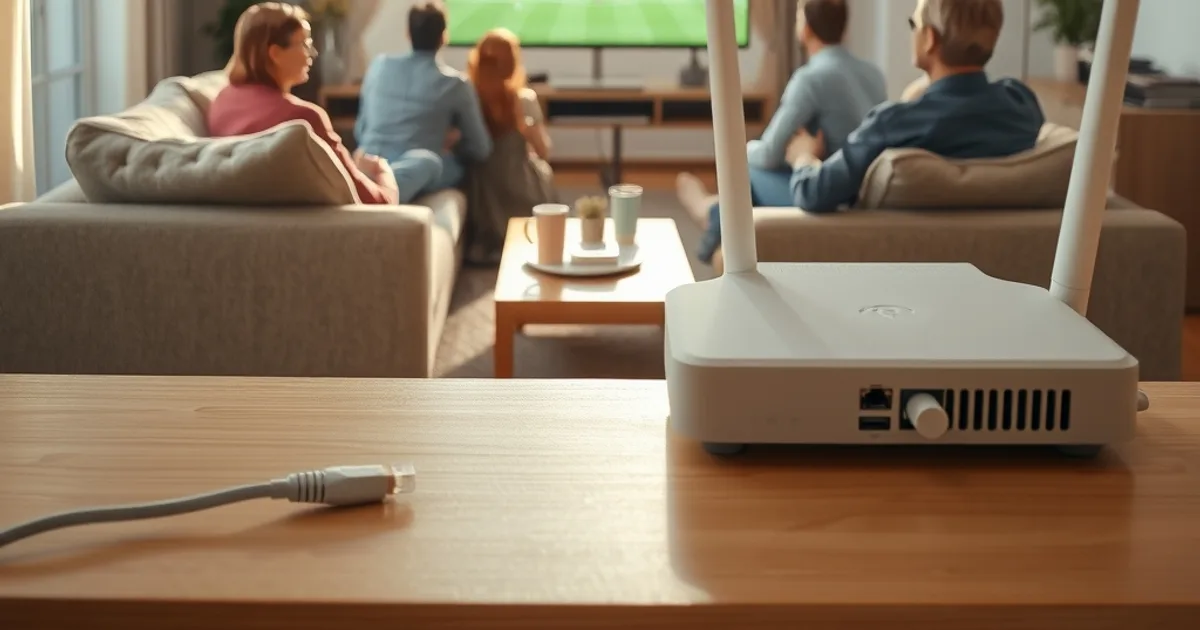 Freunde sitzen bei Tageslicht im Wohnzimmer auf dem Sofa und schauen ein Fußballspiel auf einem großen Fernseher, im Vordergrund ein Router mit Ethernet-Kabel.