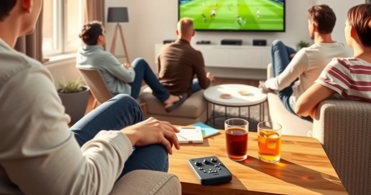 Freunde sitzen entspannt im hellen Wohnzimmer auf dem Sofa und schauen gemeinsam ein Fußballspiel auf einem großen Fernseher.