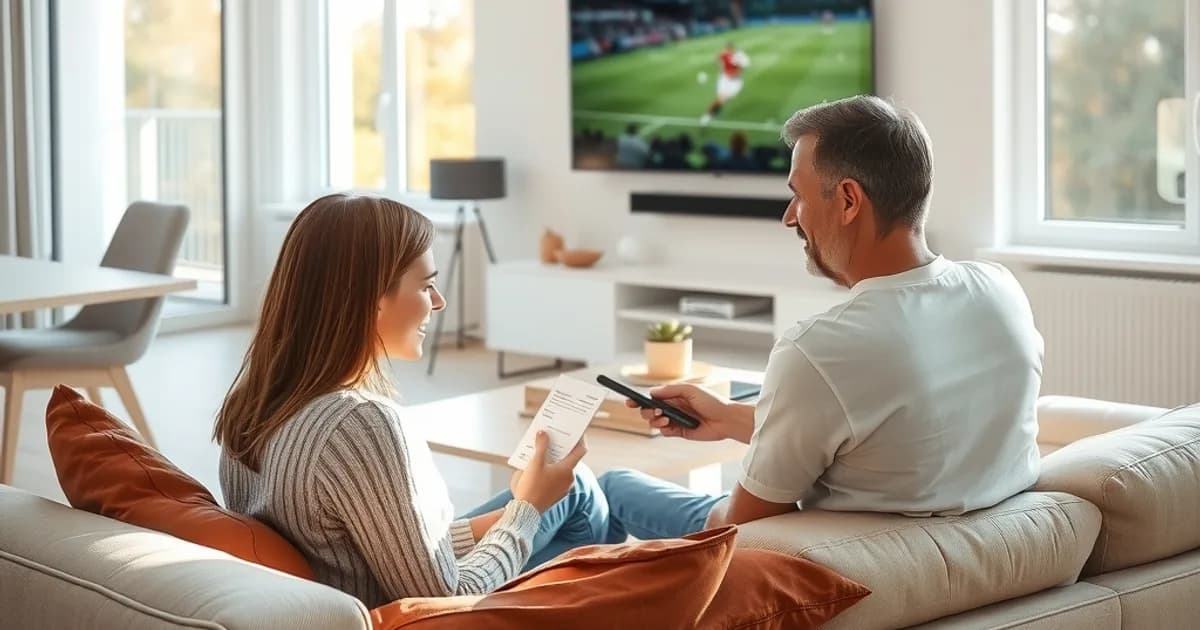 Ein Paar sitzt im hellen Wohnzimmer vor dem Fernseher und vergleicht die monatlichen Kosten für Kabel und IPTV.