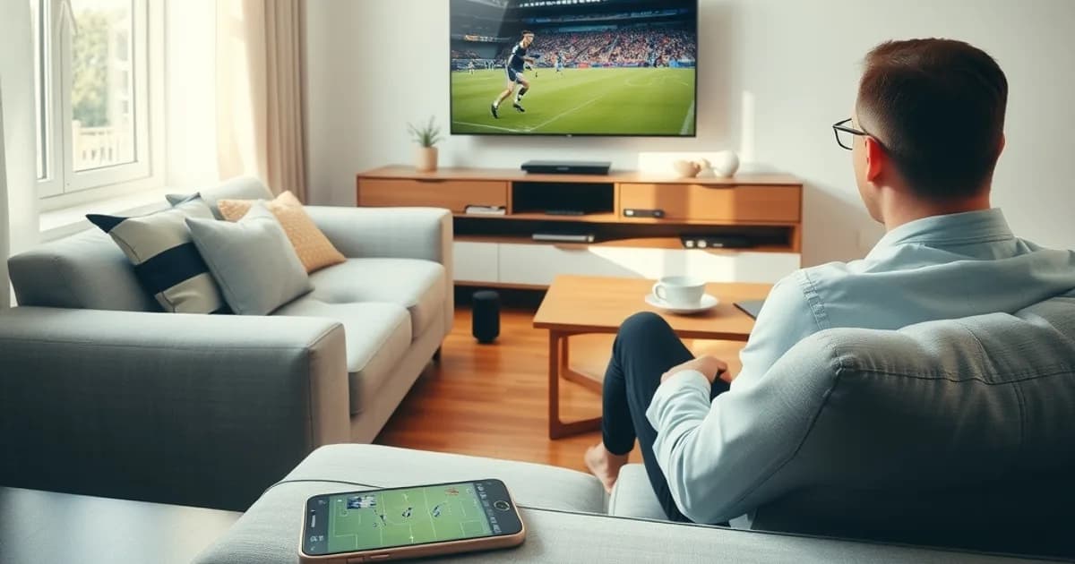 Eine Person schaut in einem hellen, sonnigen Wohnzimmer ein Fußballspiel auf einem modernen Flachbildfernseher.