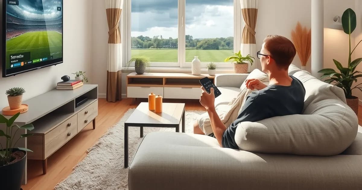 Helles, modernes Wohnzimmer mit Smart-TV und Fußballspiel, während draußen Gewitterwolken über der Satellitenschüssel aufziehen