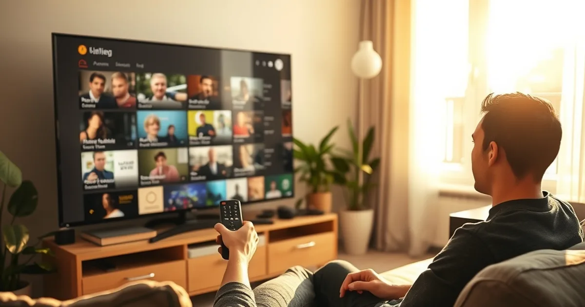 Person sitzt entspannt auf dem Sofa und schaut mit Fernbedienung in der Hand auf einen Smart-TV mit Programmübersicht, helles Tageslicht im Wohnzimmer