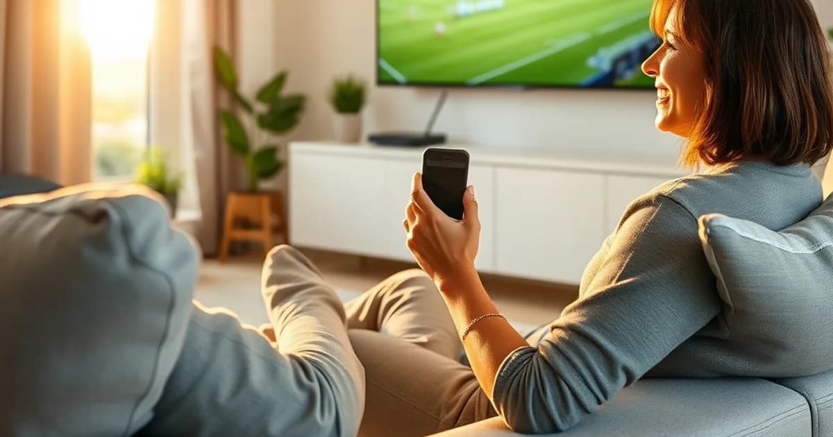Person testet im hellen Wohnzimmer bei Tageslicht einen IPTV-Zugang auf dem Fernseher und prüft parallel den Empfang auf dem Smartphone