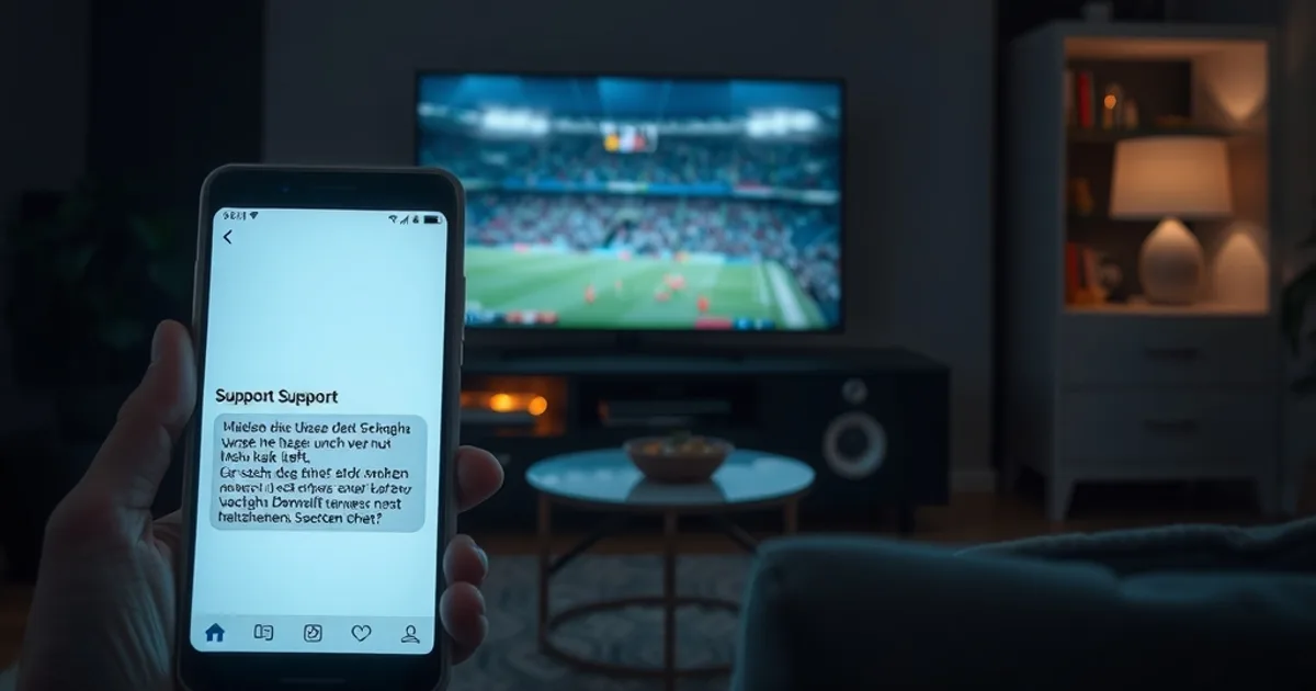Nahaufnahme eines Smartphones in einem abgedunkelten Wohnzimmer um zwei Uhr nachts, auf dem hell leuchtenden Display eine deutschsprachige Support-Chat-Antwort zu sehen ist, im unscharfen Hintergrund ein großer Fernseher mit einem laufenden Fußball-Live-Spiel, ruhige bläuliche Nachtstimmung mit einem dezenten warmen Lichtakzent, keine sichtbaren Gesichter, kein Text im Bild, fotorealistisch