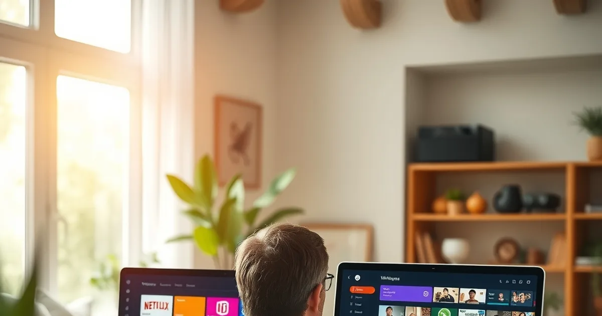 Person nutzt IPTV auf Mac und Windows-Laptop nebeneinander in einem hellen, modernen Arbeitszimmer bei Tageslicht