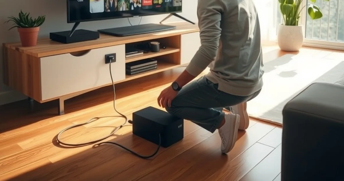 Person tauscht in einem hellen Wohnzimmer den alten Kabel-Receiver gegen einen Smart-TV mit Streaming-Oberfläche aus
