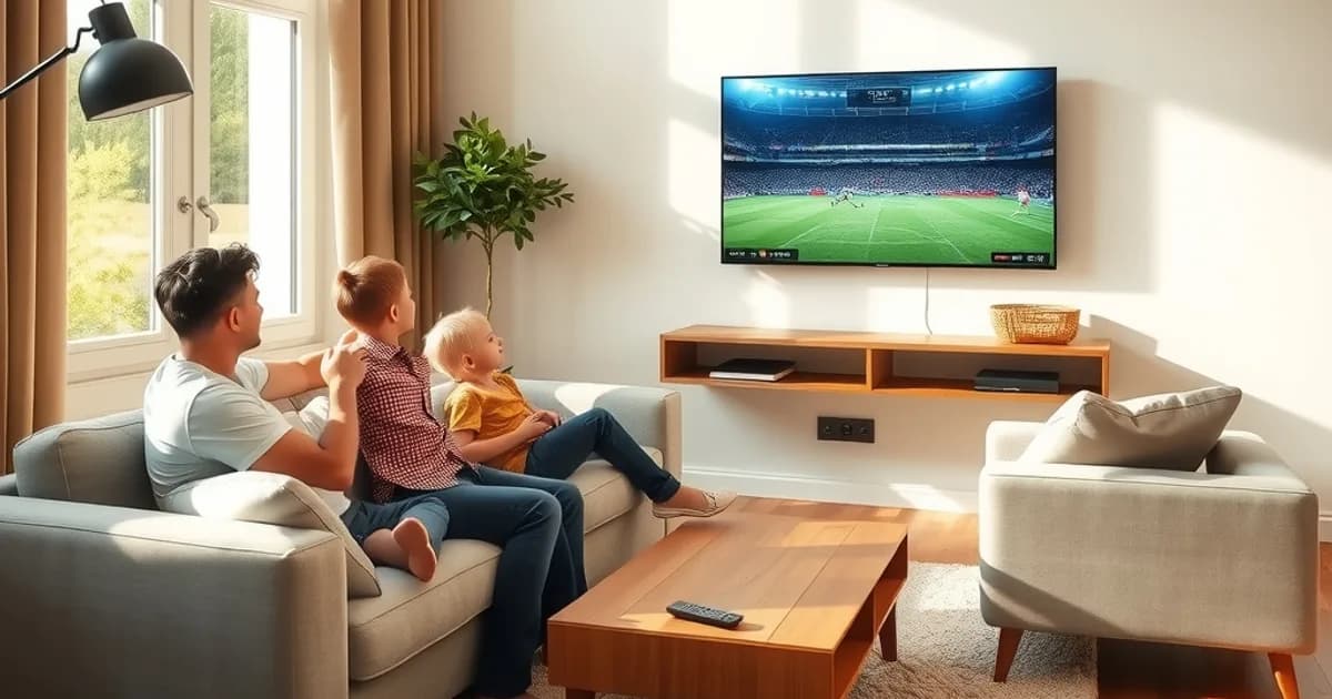 Familie sitzt entspannt im hellen Wohnzimmer und schaut gemeinsam Fußball-Highlights auf einem Smart-TV