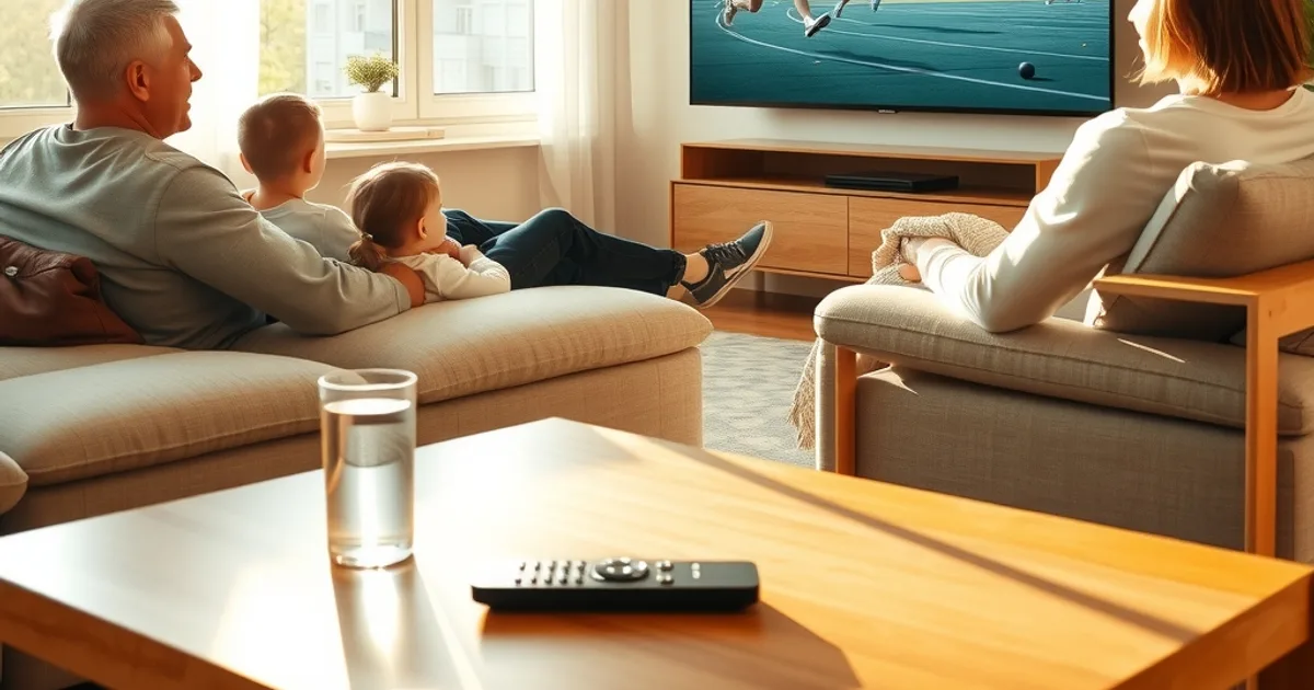 Familie schaut bei Tageslicht im hellen Wohnzimmer die Leichtathletik-EM auf einem großen Smart-TV