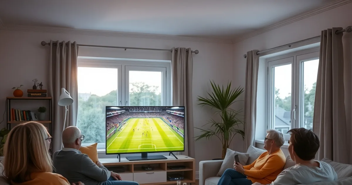 Freunde sitzen bei Tageslicht im Wohnzimmer zusammen und schauen ein Fußballspiel der Nationalmannschaft auf einem Smart-TV