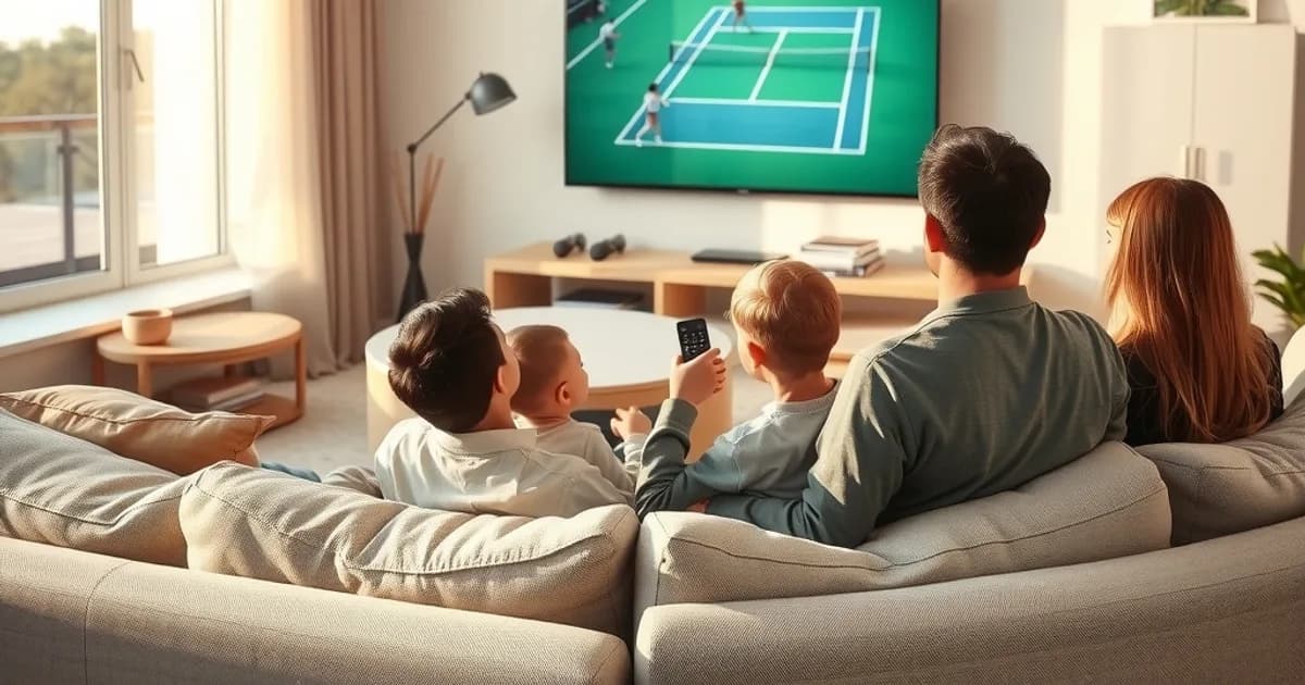 Familie schaut bei hellem Tageslicht im Wohnzimmer gemeinsam ein Tennis-Match auf einem großen Fernseher