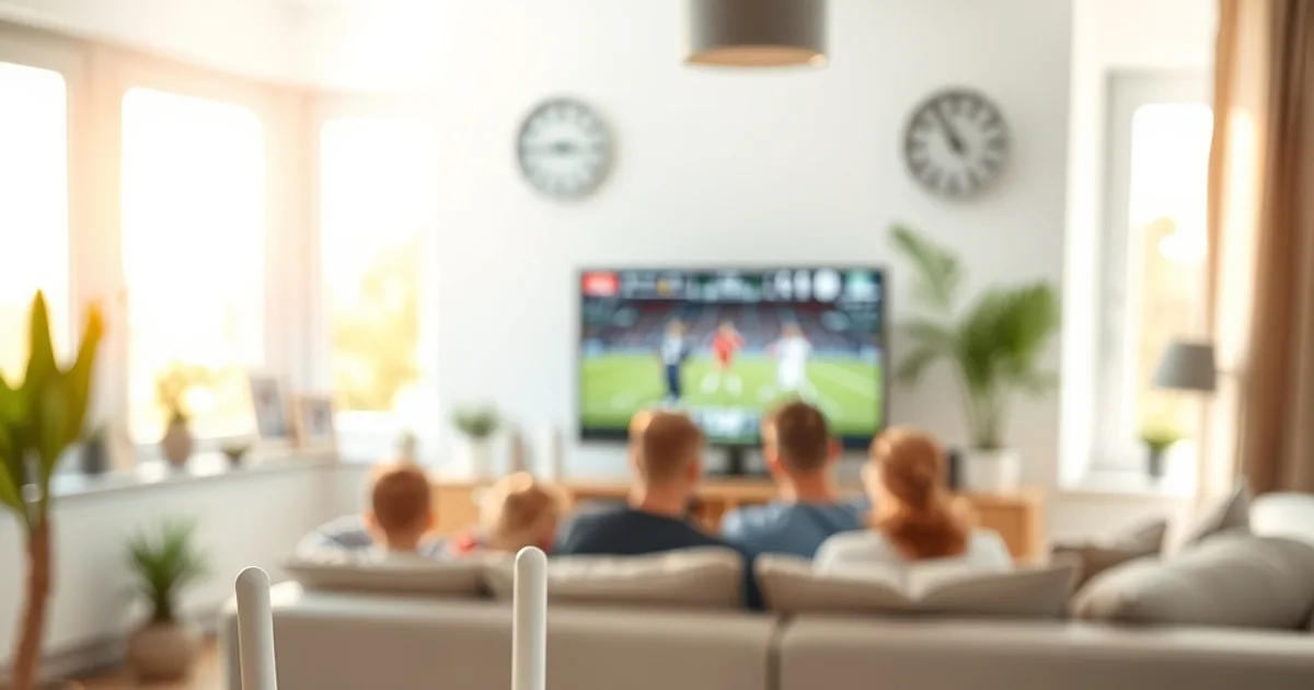 Ein WLAN-Router steht im Vordergrund eines hellen Wohnzimmers, im Hintergrund schaut eine Familie entspannt ein Fußballspiel auf einem großen Fernseher