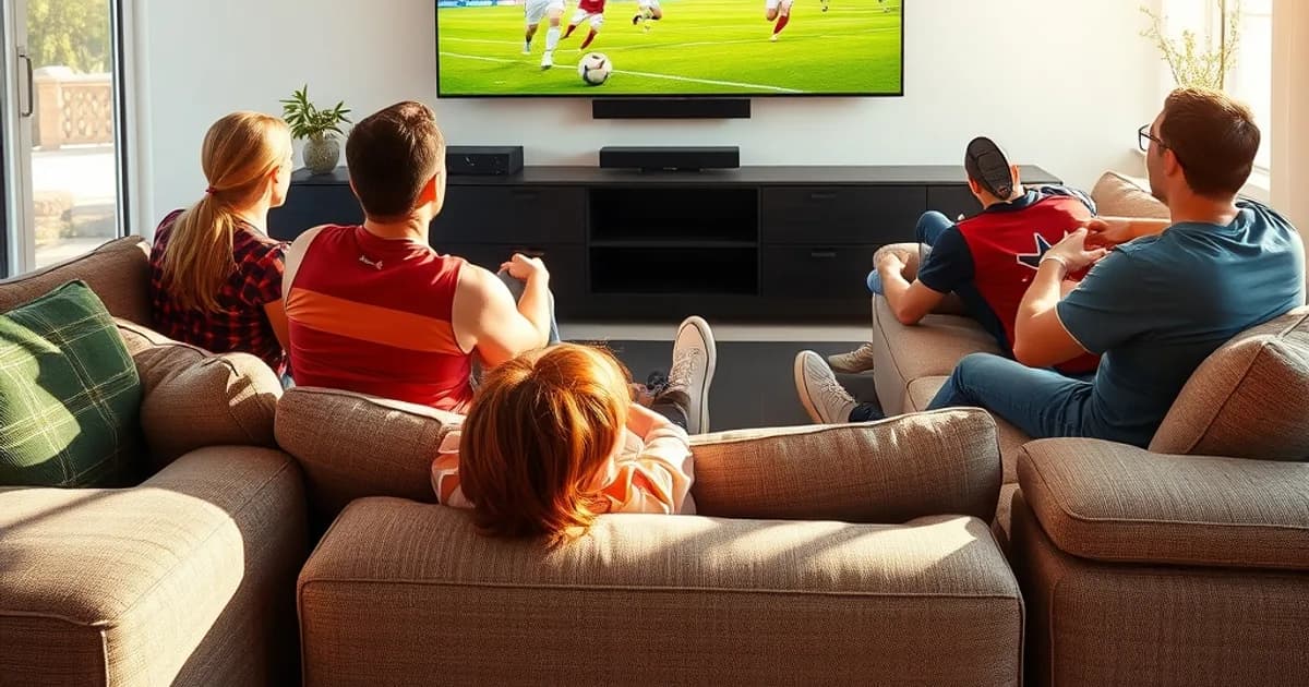 Freunde sitzen bei Tageslicht in einem hellen Wohnzimmer auf dem Sofa und schauen gemeinsam ein Fußballspiel auf einem großen 4K-Fernseher.