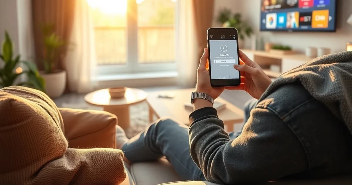 Person richtet auf dem Smartphone eine IPTV-App ein, im Hintergrund läuft der Fernseher in einem hellen, sonnigen Wohnzimmer