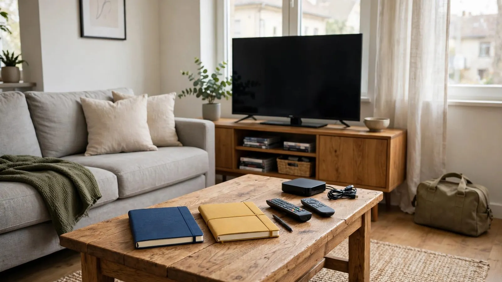 Sitzbereich im Wohnzimmer mit Sofa, ausgeschaltetem Fernseher, Fernbedienungen und Heften auf dem Tisch.