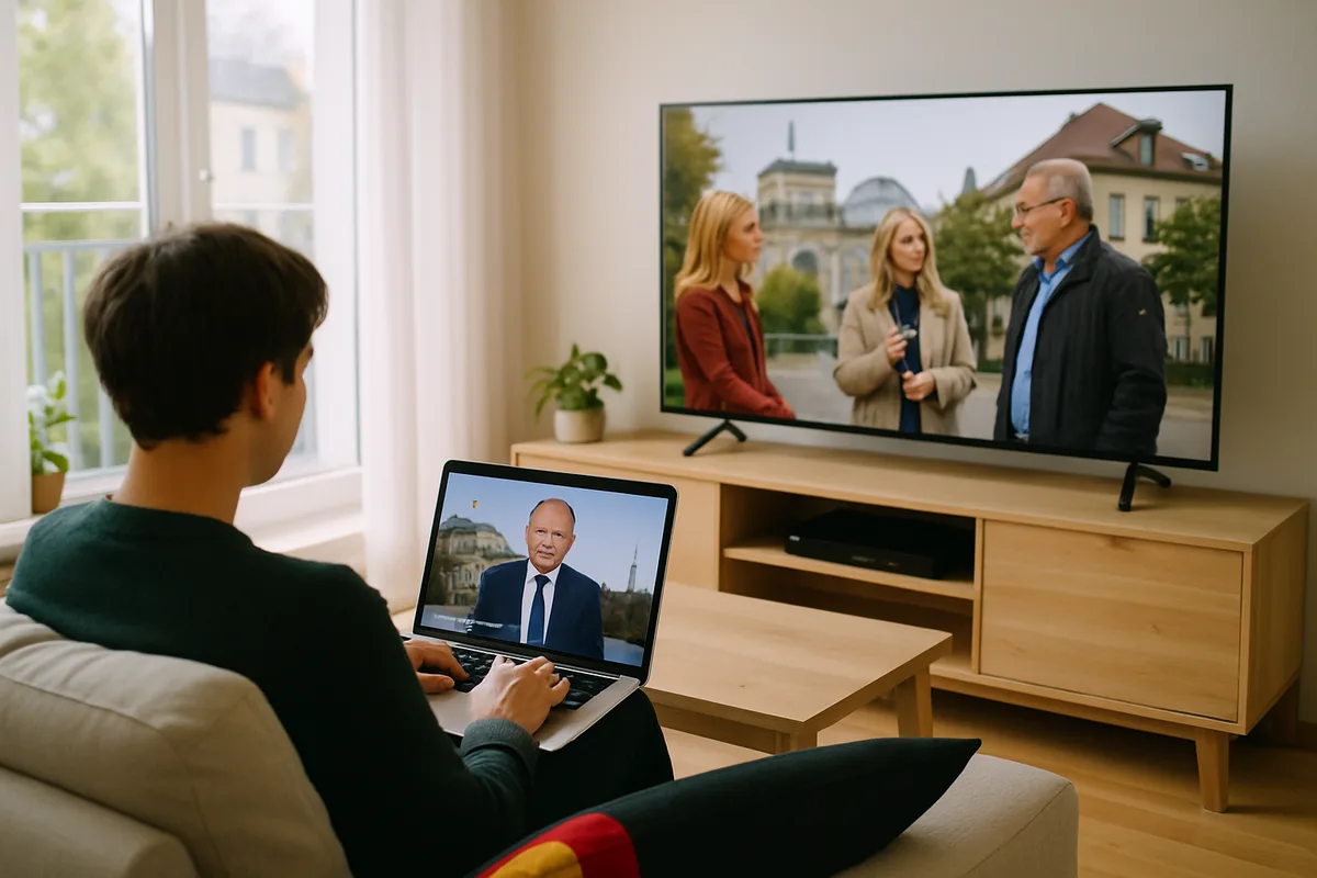 Person sieht über Laptop und Fernseher deutsche Sender im Ausland, helle Wohnung am Tag