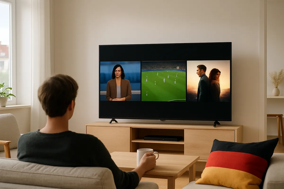Grosser Fernseher zeigt deutsches Live-TV, ein Fussballspiel und Filmcover nebeneinander in einem hellen Wohnzimmer