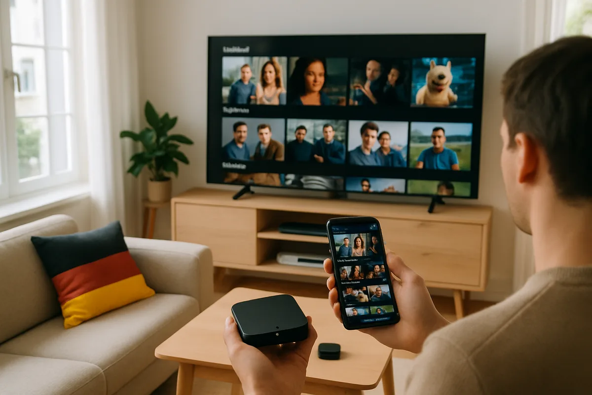 IPTV-Box und Smartphone zeigen dasselbe deutsche Angebot neben einem grossen Fernseher in einem hellen Wohnzimmer